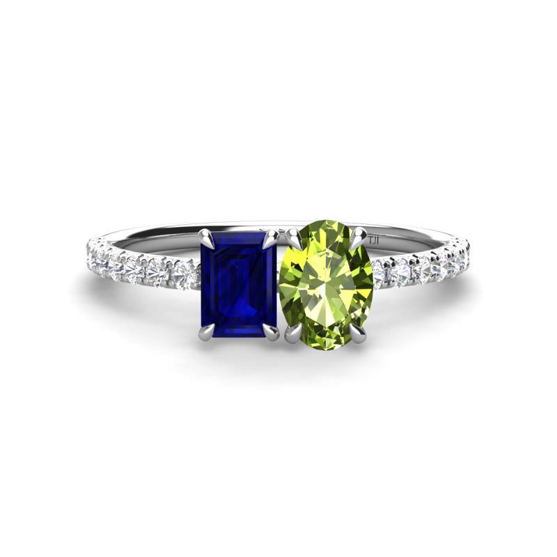 Galina 7x5 mm Emerald Cut Blue Sapphire and 8x6 mm Oval Peridot 2 Stone Duo Ring 