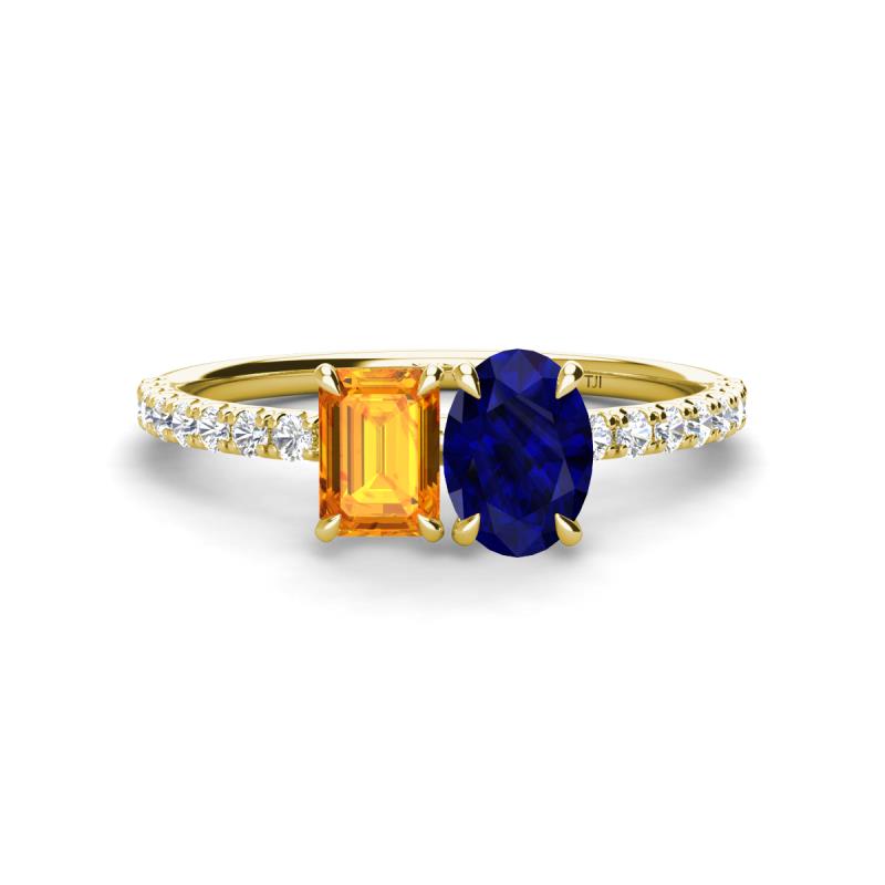 Galina 7x5 mm Emerald Cut Citrine and 8x6 mm Oval Blue Sapphire 2 Stone Duo Ring 