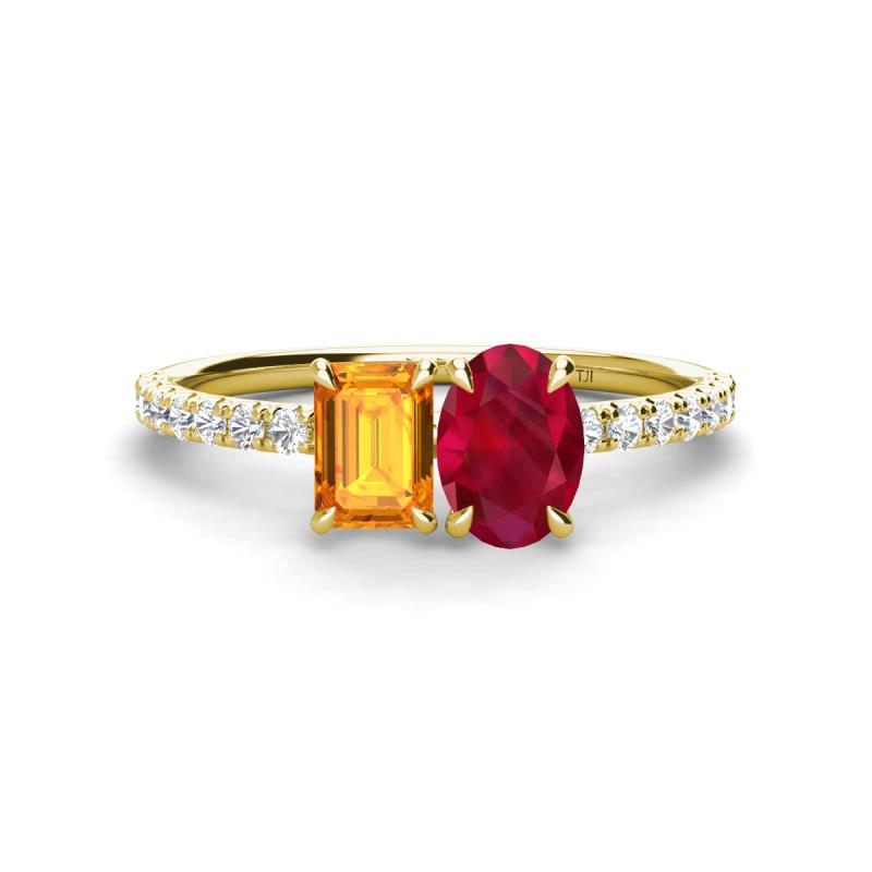 Galina 7x5 mm Emerald Cut Citrine and 8x6 mm Oval Ruby 2 Stone Duo Ring 