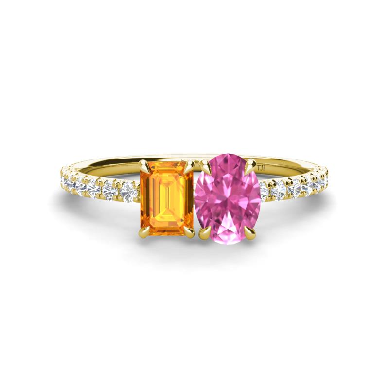 Galina 7x5 mm Emerald Cut Citrine and 8x6 mm Oval Pink Sapphire 2 Stone Duo Ring 