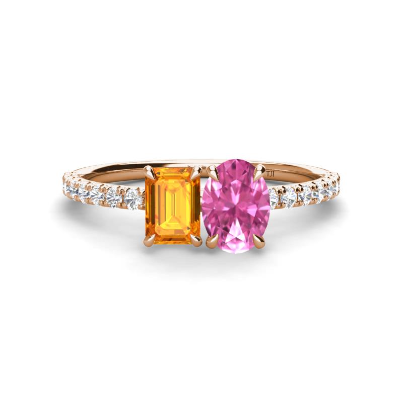 Galina 7x5 mm Emerald Cut Citrine and 8x6 mm Oval Pink Sapphire 2 Stone Duo Ring 