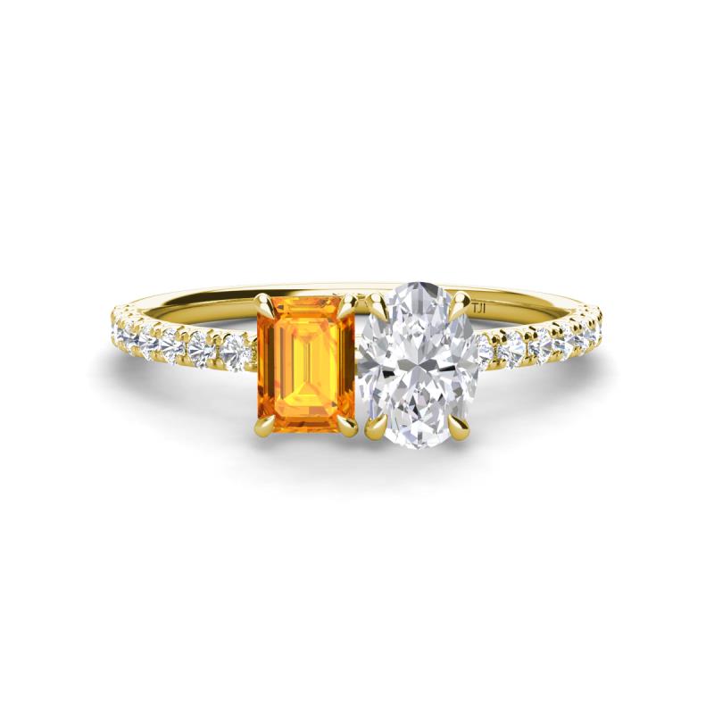Galina 7x5 mm Emerald Cut Citrine and 8x6 mm Oval White Sapphire 2 Stone Duo Ring 