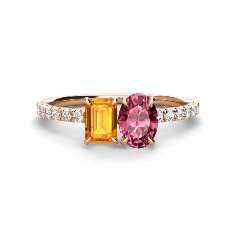 Galina 7x5 mm Emerald Cut Citrine and 8x6 mm Oval Pink Tourmaline 2 Stone Duo Ring 