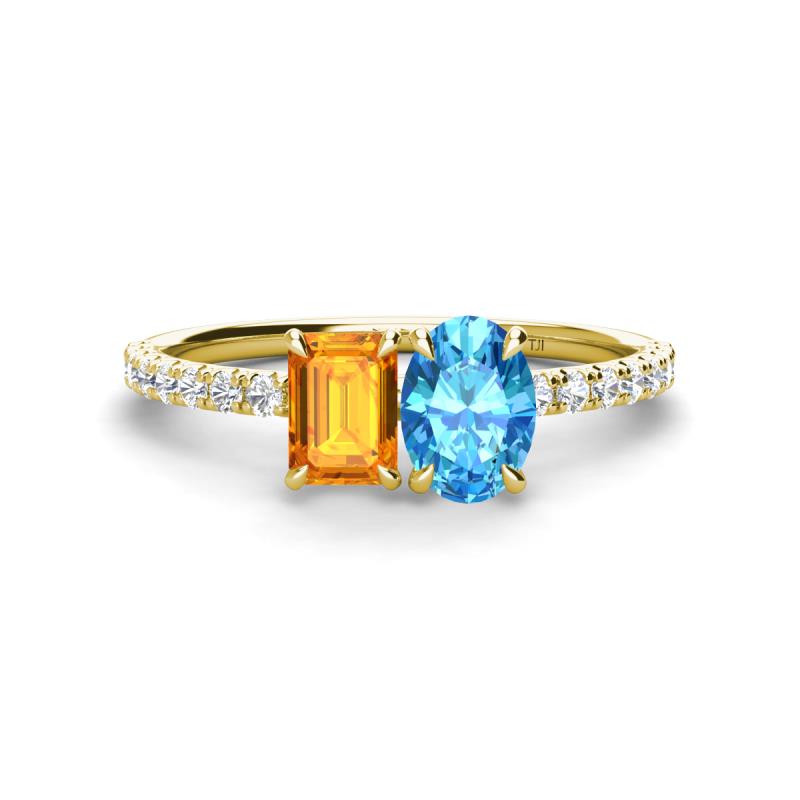 Galina 7x5 mm Emerald Cut Citrine and 8x6 mm Oval Blue Topaz 2 Stone Duo Ring 