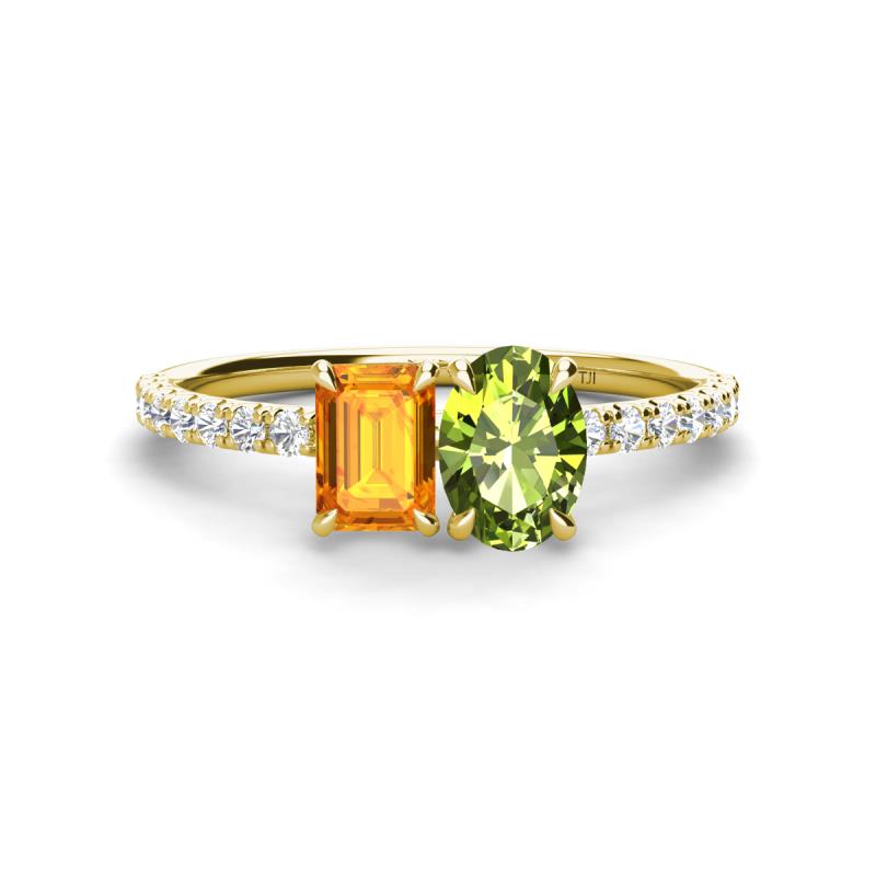 Galina 7x5 mm Emerald Cut Citrine and 8x6 mm Oval Peridot 2 Stone Duo Ring 