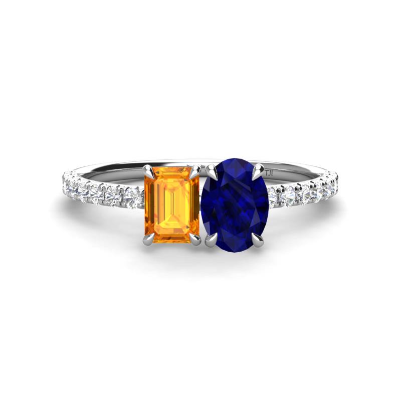Galina 7x5 mm Emerald Cut Citrine and 8x6 mm Oval Blue Sapphire 2 Stone Duo Ring 