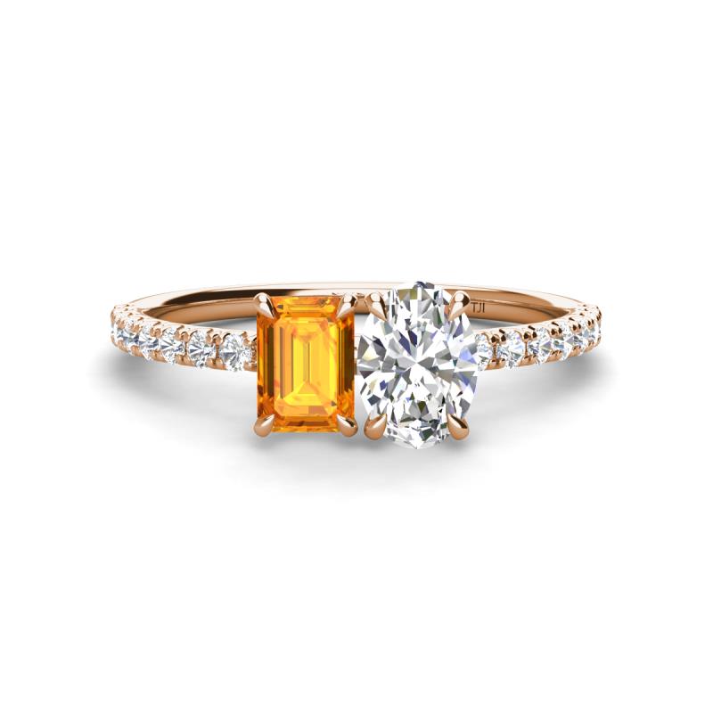 Galina 7x5 mm Emerald Cut Citrine and GIA Certified 8x6 mm Oval Diamond 2 Stone Duo Ring 