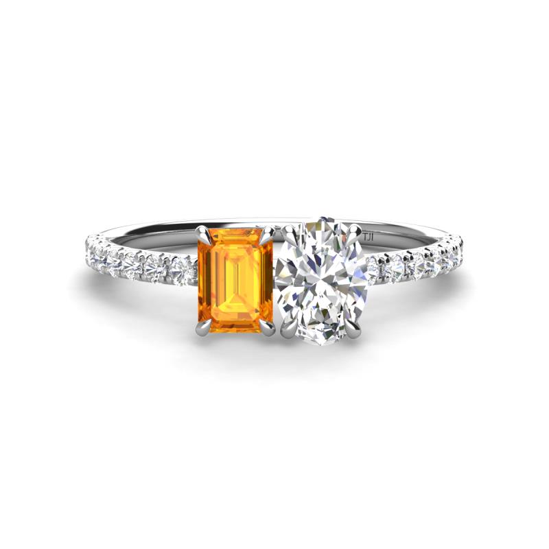 Galina 7x5 mm Emerald Cut Citrine and 8x6 mm Oval Forever Brilliant Moissanite 2 Stone Duo Ring 