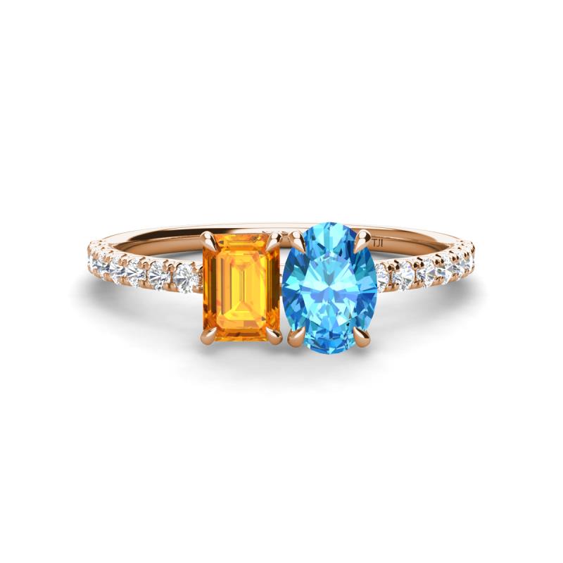 Galina 7x5 mm Emerald Cut Citrine and 8x6 mm Oval Blue Topaz 2 Stone Duo Ring 