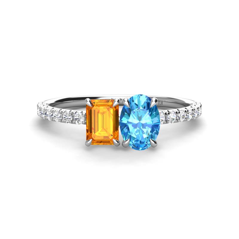 Galina 7x5 mm Emerald Cut Citrine and 8x6 mm Oval Blue Topaz 2 Stone Duo Ring 