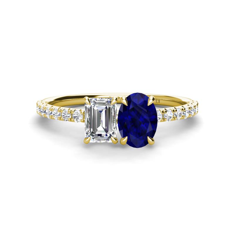 Galina GIA Certified 7x5 mm Emerald Cut Diamond and 8x6 mm Oval Blue Sapphire 2 Stone Duo Ring 