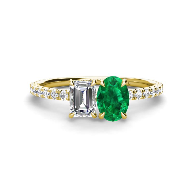 Galina GIA Certified 7x5 mm Emerald Cut Diamond and 8x6 mm Oval Emerald 2 Stone Duo Ring 
