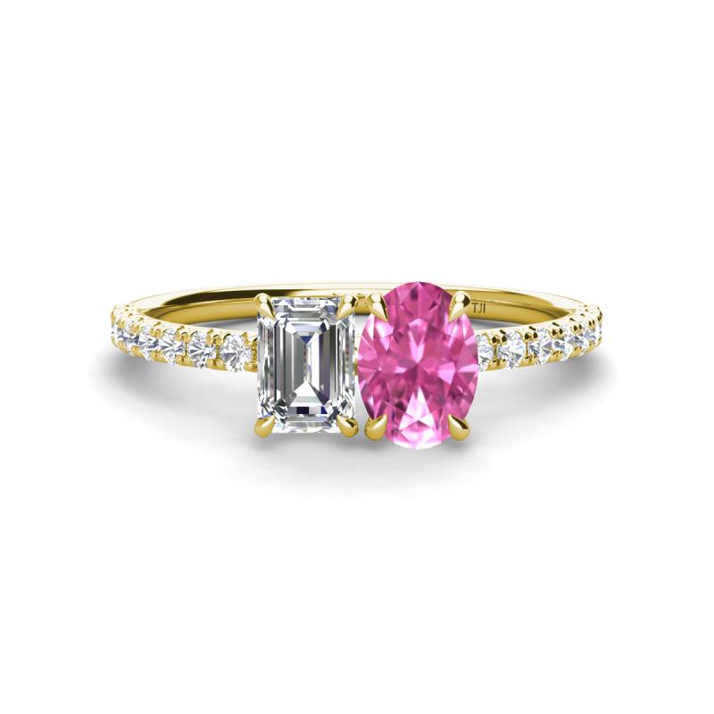 Galina GIA Certified 7x5 mm Emerald Cut Diamond and 8x6 mm Oval Pink Sapphire 2 Stone Duo Ring 