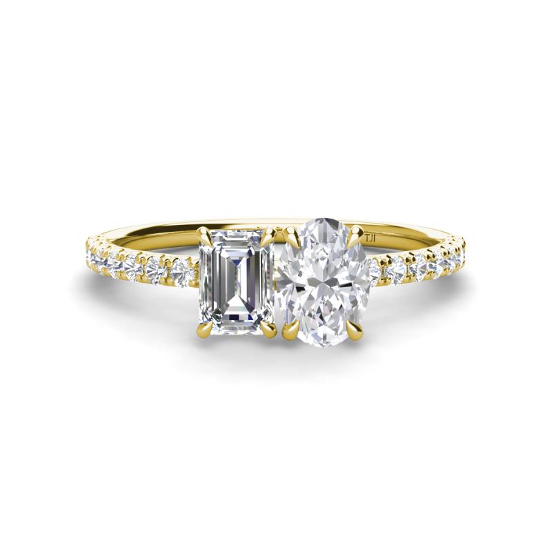 Galina GIA Certified 7x5 mm Emerald Cut Diamond and 8x6 mm Oval White Sapphire 2 Stone Duo Ring 