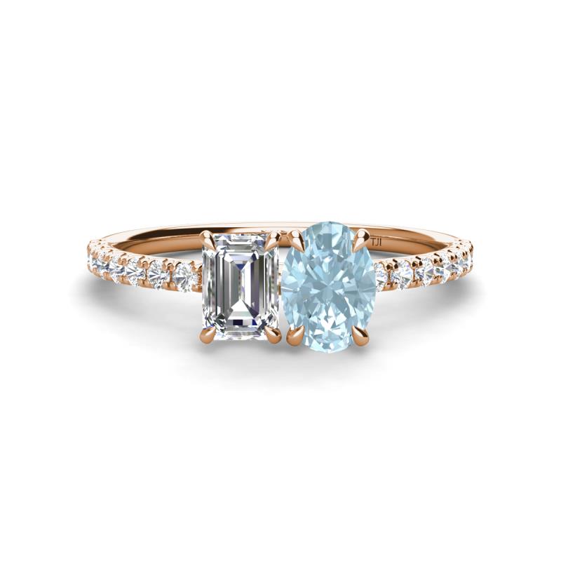 Galina GIA Certified 7x5 mm Emerald Cut Diamond and 8x6 mm Oval Aquamarine 2 Stone Duo Ring 