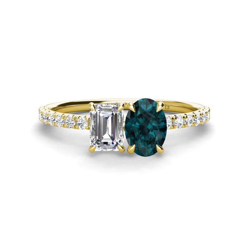 Galina GIA Certified 7x5 mm Emerald Cut Diamond and 8x6 mm Oval London Blue Topaz 2 Stone Duo Ring 