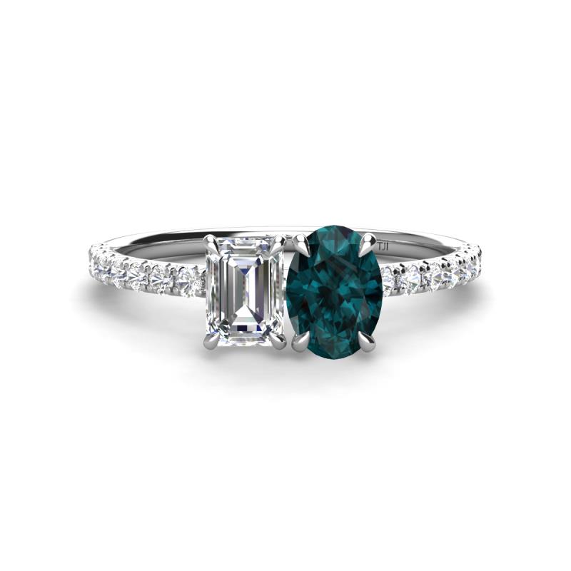 Galina GIA Certified 7x5 mm Emerald Cut Diamond and 8x6 mm Oval London Blue Topaz 2 Stone Duo Ring 