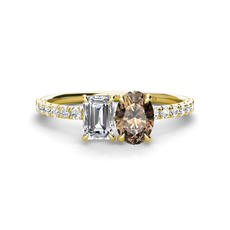 Galina GIA Certified 7x5 mm Emerald Cut Diamond and 8x6 mm Oval Smoky Quartz 2 Stone Duo Ring 
