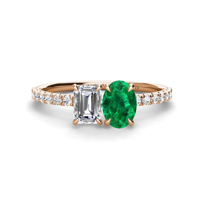 Galina GIA Certified 7x5 mm Emerald Cut Diamond and 8x6 mm Oval Emerald 2 Stone Duo Ring 