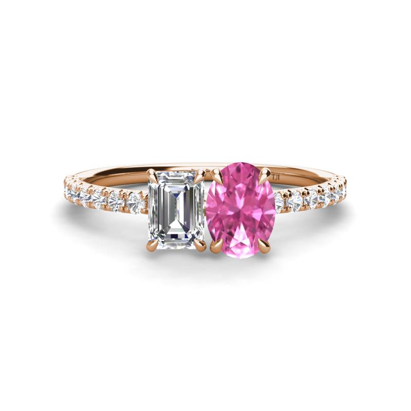 Galina GIA Certified 7x5 mm Emerald Cut Diamond and 8x6 mm Oval Pink Sapphire 2 Stone Duo Ring 
