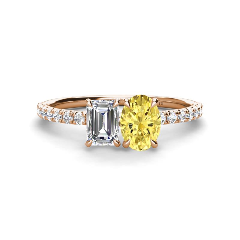 Galina GIA Certified 7x5 mm Emerald Cut Diamond and 8x6 mm Oval Yellow Sapphire 2 Stone Duo Ring 