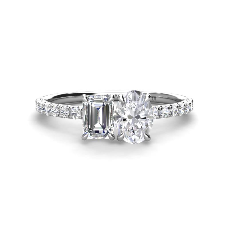 Galina GIA Certified 7x5 mm Emerald Cut Diamond and 8x6 mm Oval White Sapphire 2 Stone Duo Ring 