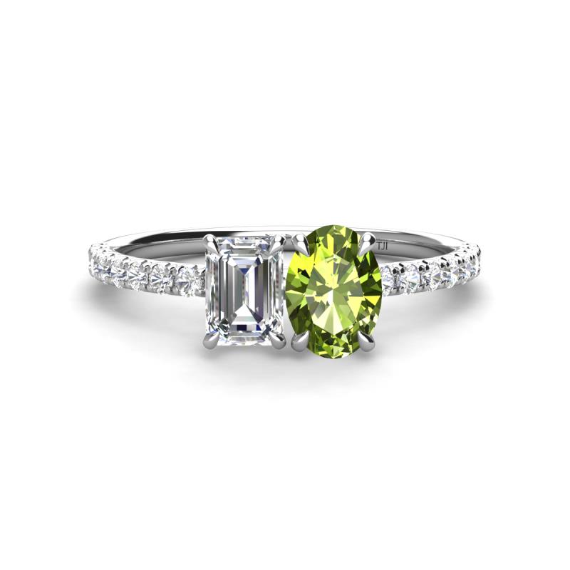 Galina GIA Certified 7x5 mm Emerald Cut Diamond and 8x6 mm Oval Peridot 2 Stone Duo Ring 