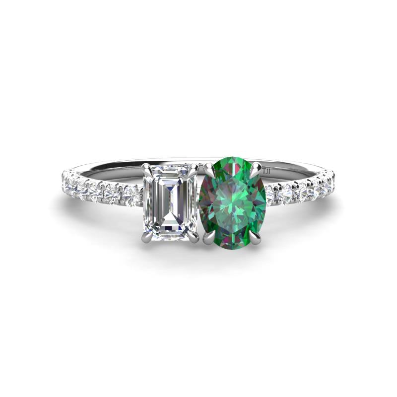Galina GIA Certified 7x5 mm Emerald Cut Diamond and 8x6 mm Oval Lab Created Alexandrite 2 Stone Duo Ring 