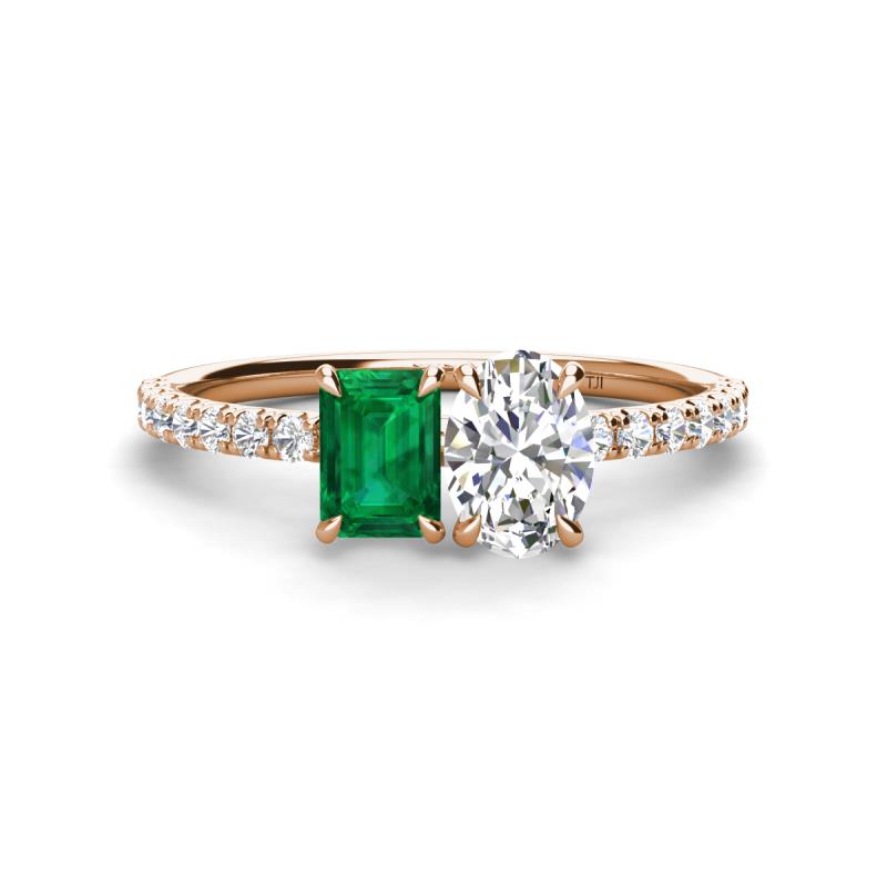 Galina 7x5 mm Emerald Cut Emerald and GIA Certified 8x6 mm Oval Diamond 2 Stone Duo Ring 