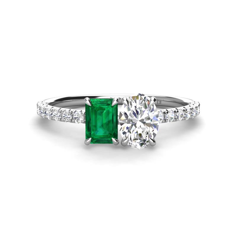Galina 7x5 mm Emerald Cut Emerald and 8x6 mm Oval Forever Brilliant Moissanite 2 Stone Duo Ring 