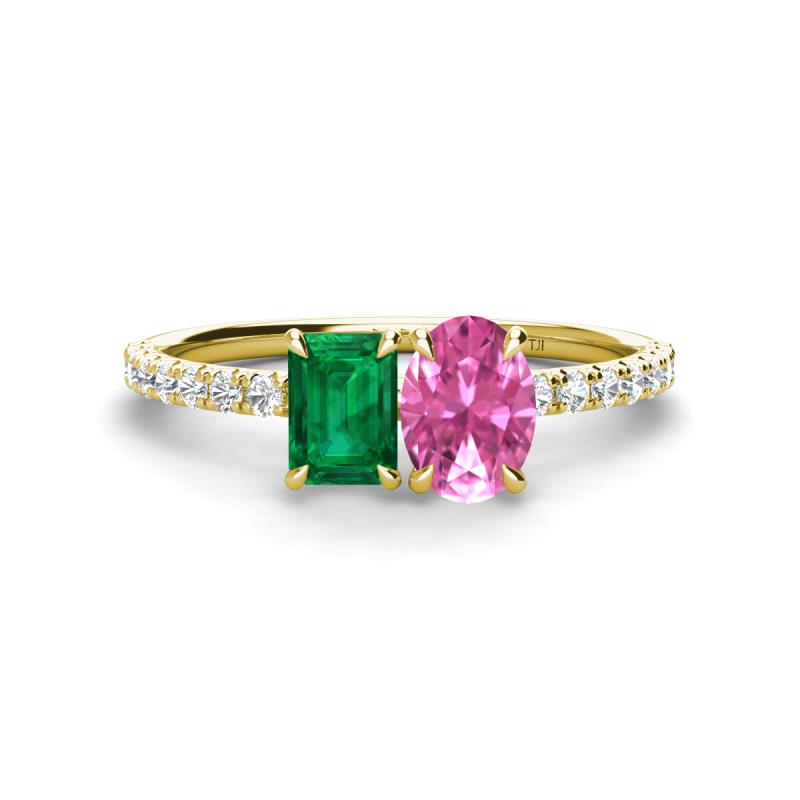 Galina 7x5 mm Emerald Cut Emerald and 8x6 mm Oval Pink Sapphire 2 Stone Duo Ring 