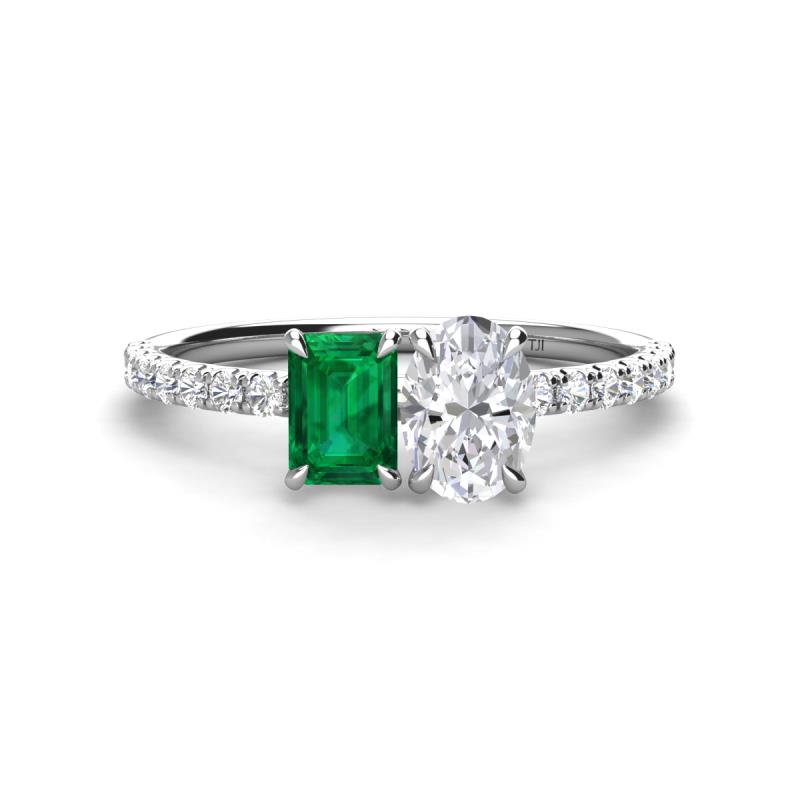 Galina 7x5 mm Emerald Cut Emerald and 8x6 mm Oval White Sapphire 2 Stone Duo Ring 
