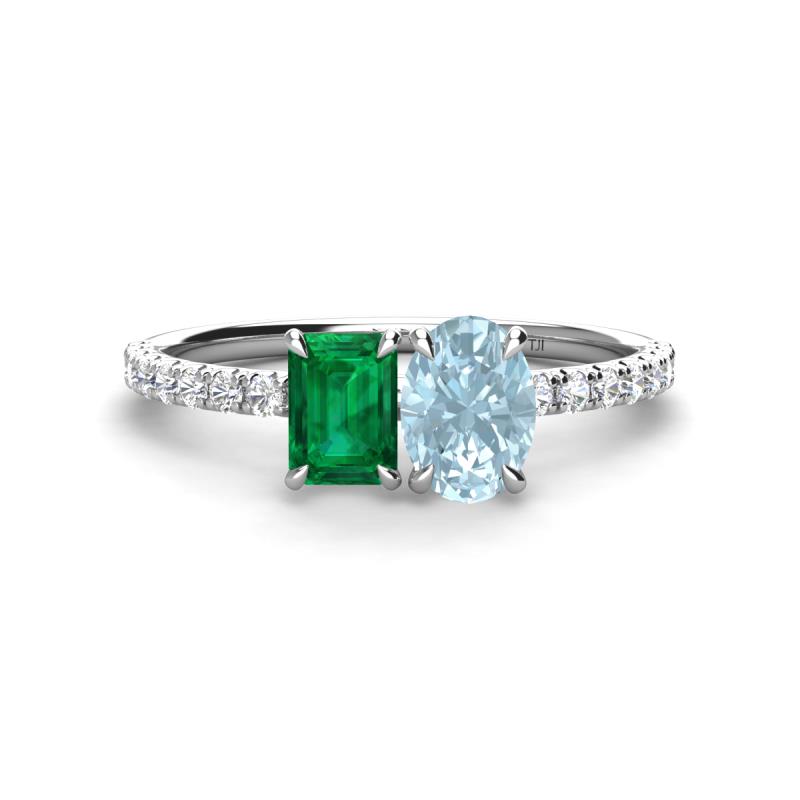 Galina 7x5 mm Emerald Cut Emerald and 8x6 mm Oval Aquamarine 2 Stone Duo Ring 
