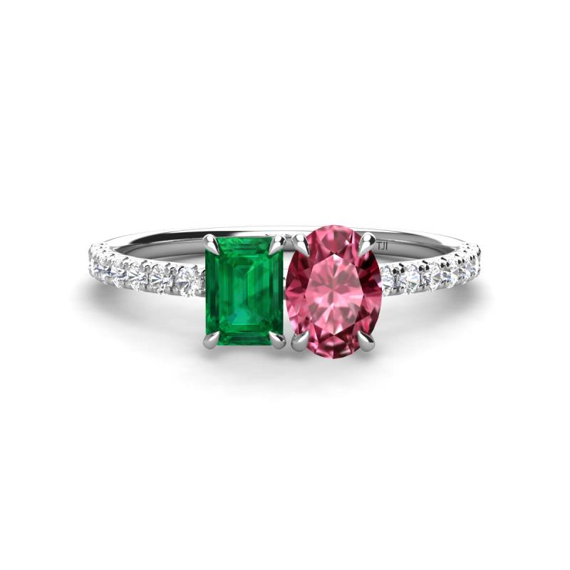 Galina 7x5 mm Emerald Cut Emerald and 8x6 mm Oval Pink Tourmaline 2 Stone Duo Ring 