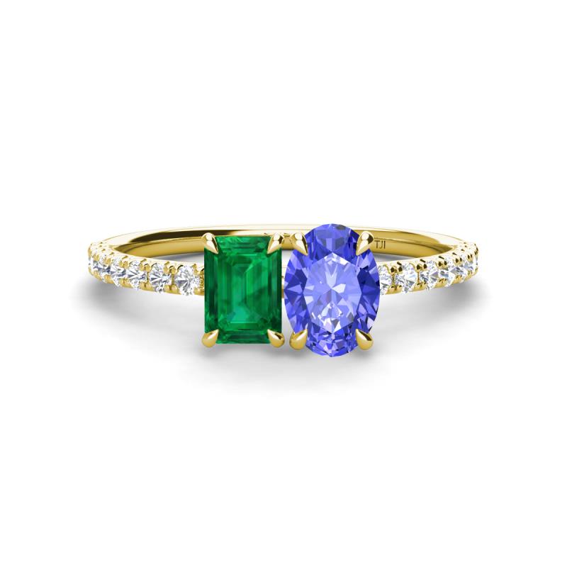 Galina 7x5 mm Emerald Cut Emerald and 8x6 mm Oval Tanzanite 2 Stone Duo Ring 