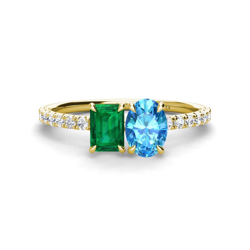 Galina 7x5 mm Emerald Cut Emerald and 8x6 mm Oval Blue Topaz 2 Stone Duo Ring 
