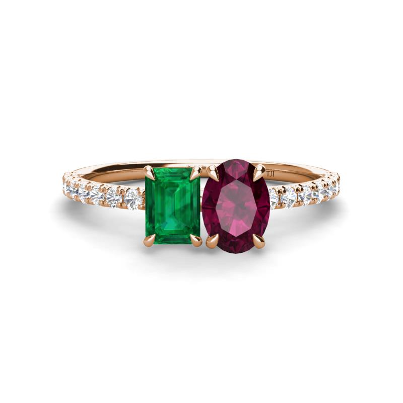 Galina 7x5 mm Emerald Cut Emerald and 8x6 mm Oval Rhodolite Garnet 2 Stone Duo Ring 