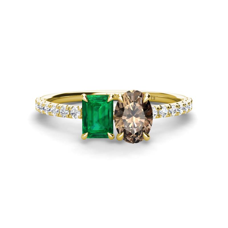 Galina 7x5 mm Emerald Cut Emerald and 8x6 mm Oval Smoky Quartz 2 Stone Duo Ring 