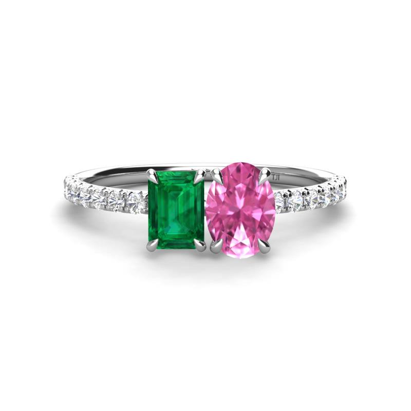 Galina 7x5 mm Emerald Cut Emerald and 8x6 mm Oval Pink Sapphire 2 Stone Duo Ring 