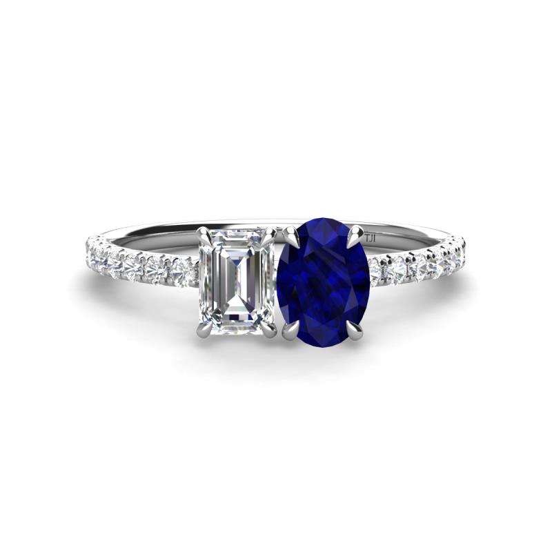 Galina IGI Certified 7x5 mm Emerald Cut Lab Grown Diamond and 8x6 mm Oval Blue Sapphire 2 Stone Duo Ring 