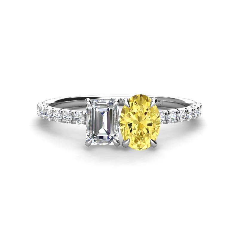 Galina IGI Certified 7x5 mm Emerald Cut Lab Grown Diamond and 8x6 mm Oval Yellow Sapphire 2 Stone Duo Ring 