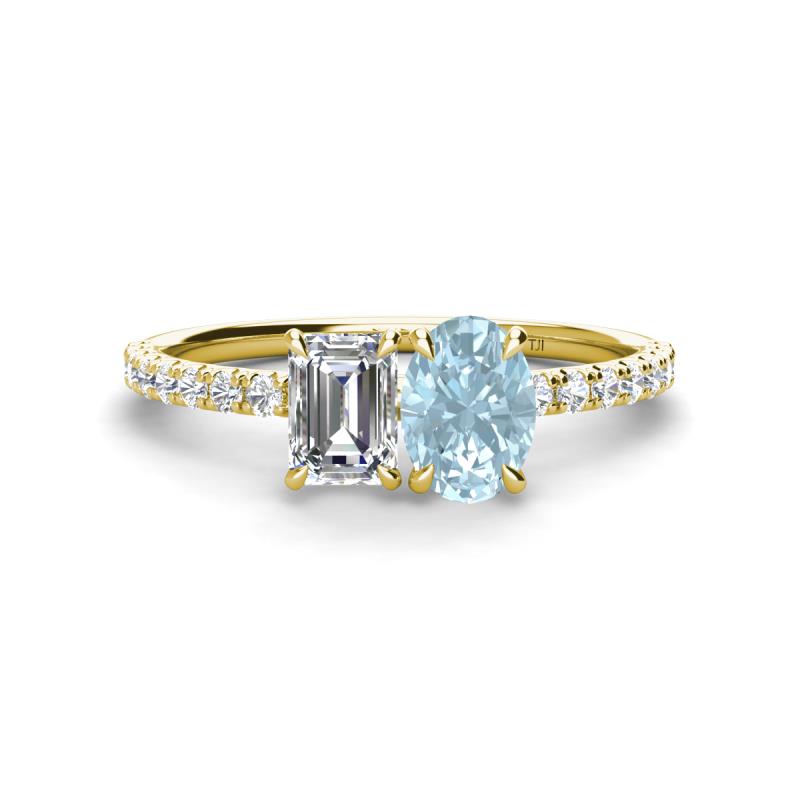 Galina IGI Certified 7x5 mm Emerald Cut Lab Grown Diamond and 8x6 mm Oval Aquamarine 2 Stone Duo Ring 