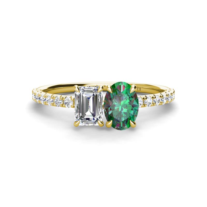 Galina IGI Certified 7x5 mm Emerald Cut Lab Grown Diamond and 8x6 mm Oval Lab Created Alexandrite 2 Stone Duo Ring 