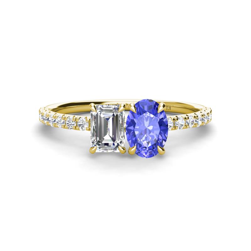 Galina IGI Certified 7x5 mm Emerald Cut Lab Grown Diamond and 8x6 mm Oval Tanzanite 2 Stone Duo Ring 