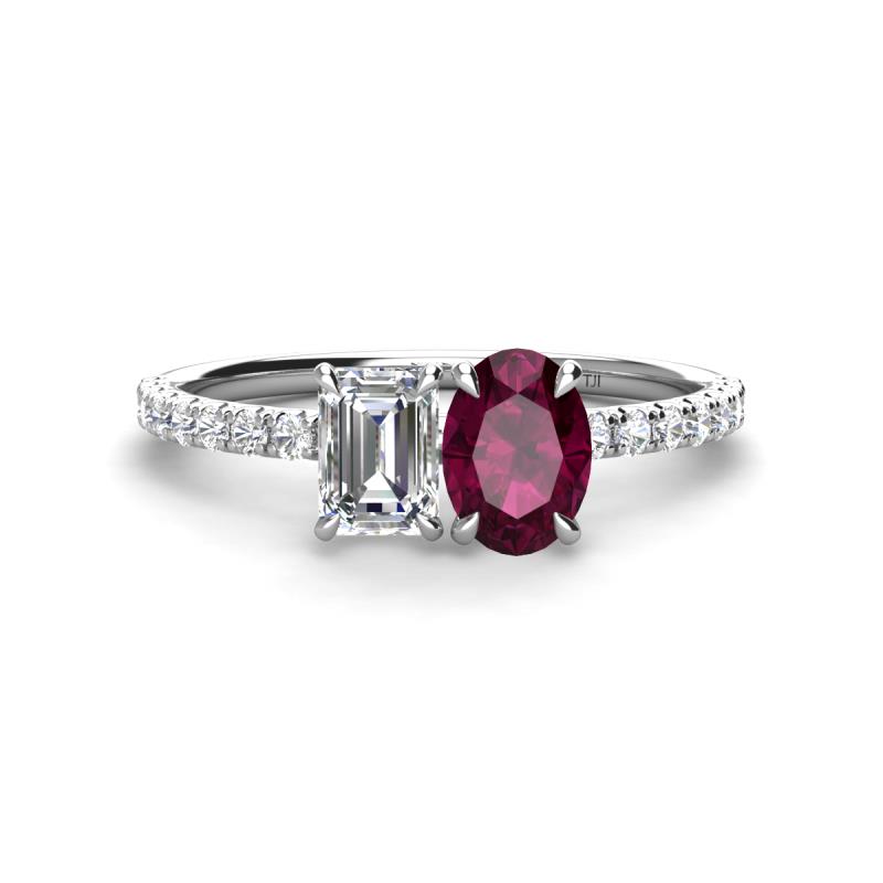 Galina IGI Certified 7x5 mm Emerald Cut Lab Grown Diamond and 8x6 mm Oval Rhodolite Garnet 2 Stone Duo Ring 