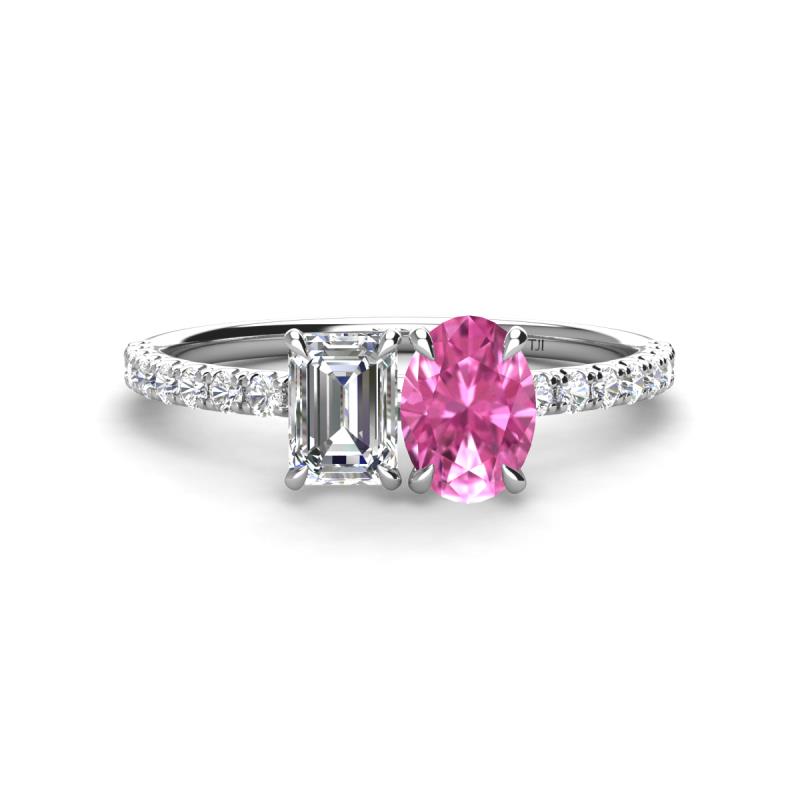 Galina 7x5 mm Emerald Cut Forever One Moissanite and 8x6 mm Oval Pink Sapphire 2 Stone Duo Ring 