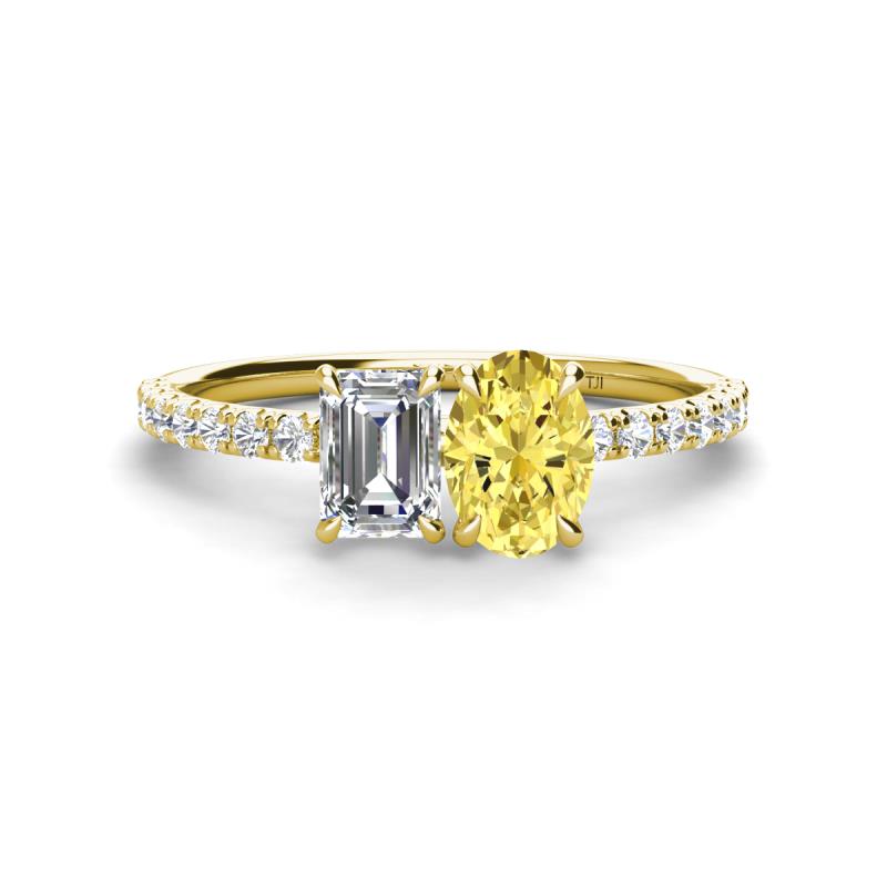 Galina 7x5 mm Emerald Cut Forever Brilliant Moissanite and 8x6 mm Oval Yellow Sapphire 2 Stone Duo Ring 