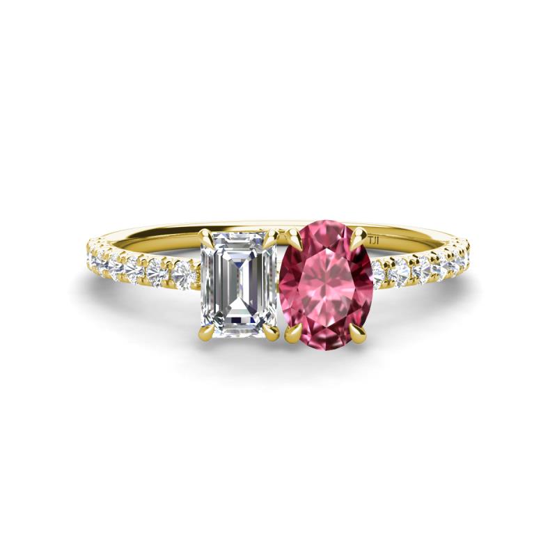 Galina 7x5 mm Emerald Cut Forever Brilliant Moissanite and 8x6 mm Oval Pink Tourmaline 2 Stone Duo Ring 