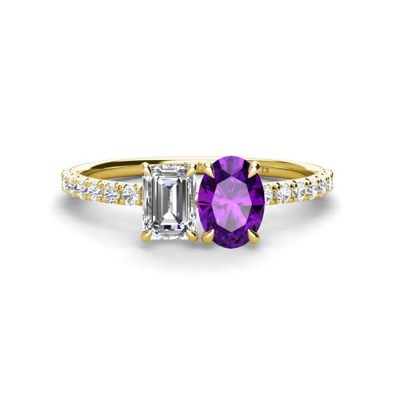 Galina 7x5 mm Emerald Cut Forever Brilliant Moissanite and 8x6 mm Oval Amethyst 2 Stone Duo Ring 