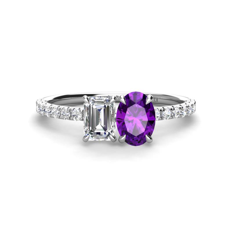 Galina 7x5 mm Emerald Cut Forever One Moissanite and 8x6 mm Oval Amethyst 2 Stone Duo Ring 